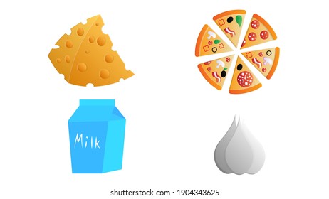 Set Of Different Food - Bread, Pie, Biscuit, Cakes, Eaggs, Omelette, Cheese, Milk, Pizza, Coffee
