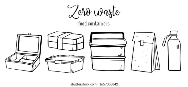 Conjunto de diferentes recipientes de comida, bolsa de papel y botella de vidrio. Paquetes ecológicos. Dibujo de esbozo vectorial dibujado por mano