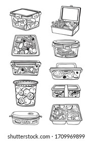 Set of different food containers with products. Pasta, fruits and vegetables. Hand drawn outline vector sketch illustration