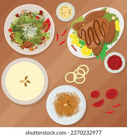 Set of Different Food Dishes Vector Illustration