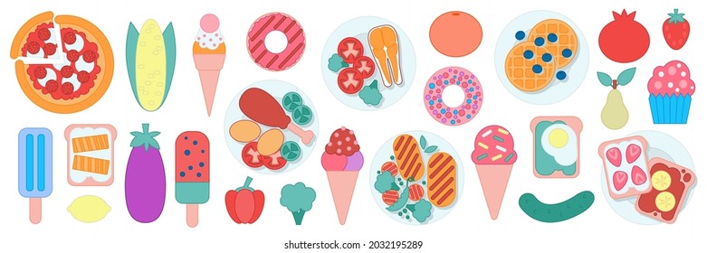 Set of different food. Fruits, vegetables, berries, ice cream, donuts, pizza, sandwiches. Vector illustration in a flat style