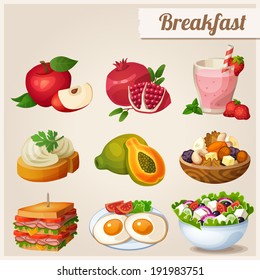 Set of different food icons. Breakfast.  Red apple, pomegranate, glass of strawberry smoothie, sandwich with cream cheese, papaya, fried eggs, dried fruits, sandwich with bacon, greek salad.