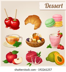 Set of different food icons. Dessert.  Red apple, pomegranate, glass of strawberry smoothie, papaya, dried fruits, toffee apples, croissant, macaroons, herbal tea