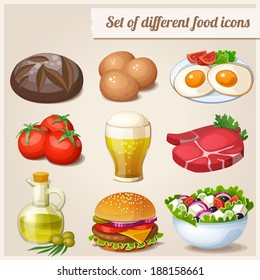 Set Of Different Food Icons.  Loaf Of Bread, Raw Eggs, Fried Eggs, Fresh Meat, Glass Of Beer, Tomatoes, Olive Oil In Bottle, Hamburger, Greek Salad