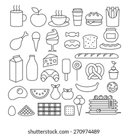 Set of different food icons outline style. Sweets, dairy, pastry, drinks, fruits.