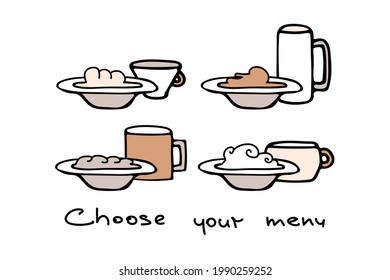 Set of different food menu options in plates with drinks in mugs. Lettering Choose your menu. Icons can be used to illustrate the menu of a restaurant, cafe, kitchen decor, prints, textiles.