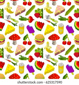 A set of different food. Mushroom, hamburger, ice cream, banana, watermelon, cake. 3D, cubes, pixel art, digital game style.Seamless pattern for wallpaper, atextiles. vector