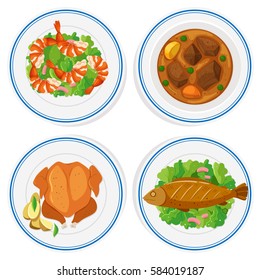 Conjunto de alimentos diferentes en la ilustración de placas redondas