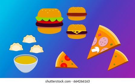 Set of different food, slices of pizza, hamburgers and soup