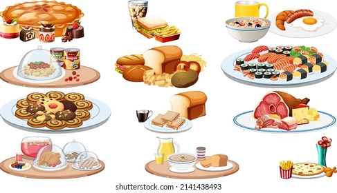 Set of different foods and beverages illustration