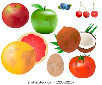 Set of different foods with map of the world on the surface