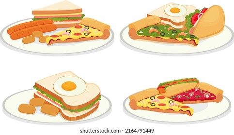 Set of different foods on plates illustration