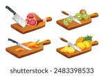 Set of different foods on wooden cutting boards. Includes meat, kiwi, carrots, and pineapple. Vector illustration