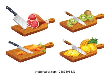 Conjunto de diferentes alimentos en tablas de cortar de madera. Incluye carne, kiwi, zanahorias y piña. Ilustración vectorial