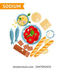Set of different foods that contain sodium, used for info graphics, design template