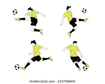 Set of different football, soccer players. Defender, forward kicking the ball in the air, dribbling, striking penalty. Black and yellow minimalistic characters.
