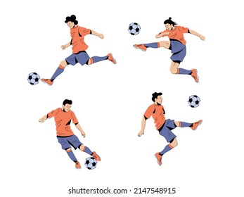Set of different football, soccer players. Defender, forward kicking the ball in the air, dribbling, striking penalty. Minimalistic characters with black solid shadows.