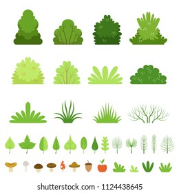 Set of different forest bushes, grasses, leaves of trees, mushrooms and fruits. Vector cartoon illustration