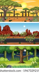 Set of different forest horizontal scenes illustration