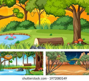 Set of different forest horizontal scenes illustration
