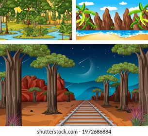 Set of different forest horizontal scenes illustration