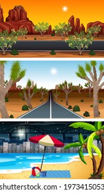 Set of different forest horizontal scenes in different times illustration