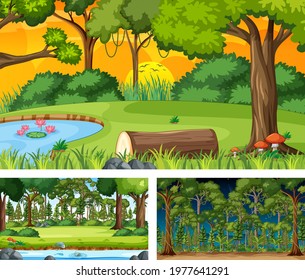Set of different forest horizontal scenes illustration