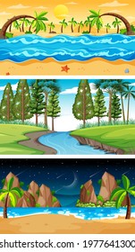 Set of different forest horizontal scenes in different times illustration