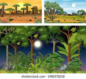 Set of different forest horizontal scenes illustration