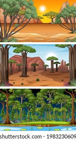 Set of different forest horizontal scenes in different times illustration