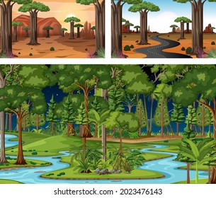 Set of different forest horizontal scenes illustration