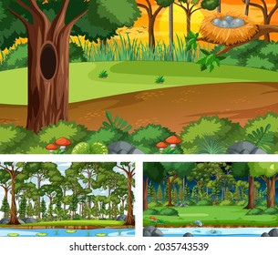 Set verschiedener Wald-Horizontalen-Szenen-Illustrationen