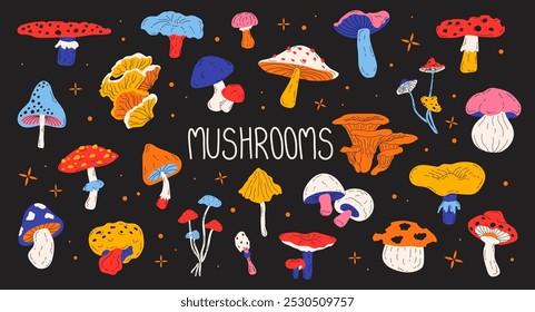 Conjunto de diferentes cogumelos sazonais da floresta toadstool, chanterelle, mosca agárica, boleto. Cogumelos venenosos e comestíveis. Ilustração plana vetorial em estilo desenhado à mão