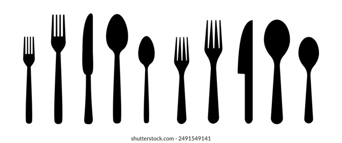 Establece diferentes iconos de tenedor, cuchara y cuchillo. Iconos de platería. Menú Tipo de logotipo. Símbolo de menú. Icono de platería negra. Ilustración vectorial.