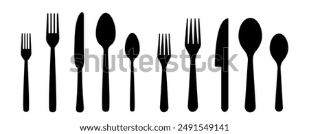 Set different fork, spoon and knife icons sign. Silverware icons. Logotype menu. Menu symbol. Black silverware icon. Vector illustration.