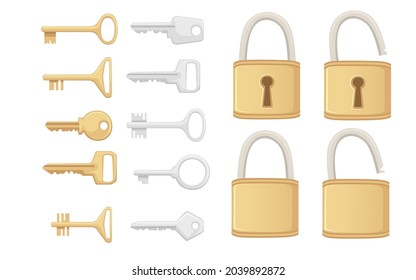 Set of different form lock metal silver and gold door or window handle set flat vector illustration on white background