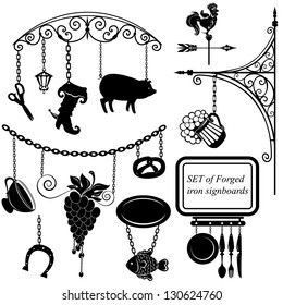 Set of different form metal sign boards for restaurant, bar, cafe or shop.