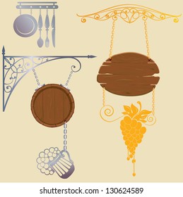 Set of different form wood and metal sign boards for restaurant or bar
