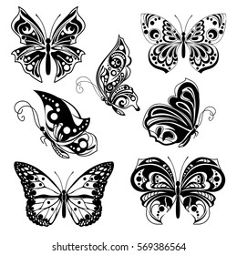 Satz verschiedener Formen Schmetterlinge. Schwarze Silhouetten Schmetterlinge auf weißem Hintergrund. Vektorgrafik