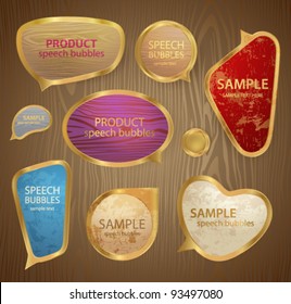 Set of Different forms colorful speech bubbles in golden frames. Used texture: grunge, wood. Useful for websites, blogs, web ad, or different designs. Vector illustration on wooden background. EPS 10