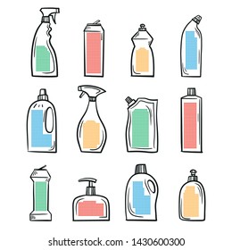 Set of different forms of packaging for household chemicals, basic packs made in sketch style. Vector graphic