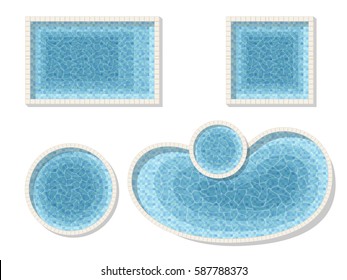 Set different forms swimming pools. Rectangular, square and a circular pool. Top view. Detailed vector illustration.