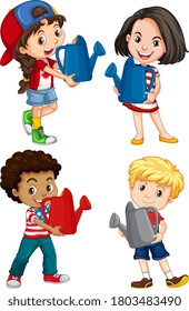 Set of different four kids holding watering can illustration