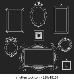 Set of different frames and borders on the chalkboard background. Vector illustration.