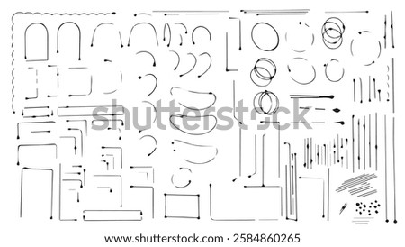 Set of different frames for decoration, collections of geometric shapes for design, frames drawn in ink, black circles and stripes, blots of different shapes and sizes, ovals and arrows with dots