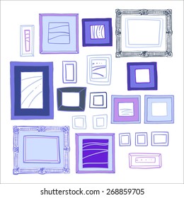 Set of different frames and paintings prints. Gallery-hanging wall in the living room