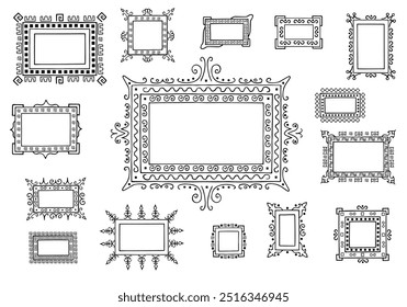 Um conjunto de quadros diferentes para imagens. Desenho à mão livre. Rabiscar. Desenhado à Mão. Contorno. Esboço.