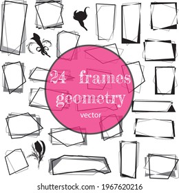 A set of different frames for scrapbooking and graphic design.Vector.Black silhouette made of fine lines, geometry. Rectangular, square shape.2d template for photos and design.Birthday, holiday.