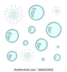Set of different freehand drawn cartoon soap shampoo bath burst bubbles of different sizes made in kid childish style. Vector illustration. 