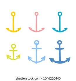 Set of different freehand drawn cartoon sea ocean river ship anchors made in kid childish style. Vector illustration. 